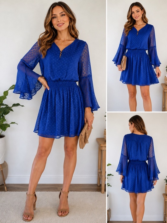 White House Black Market Dresses & Skirts - Like New WHBM Cobalt Blue Long Sleeve Tiered Bell Dress